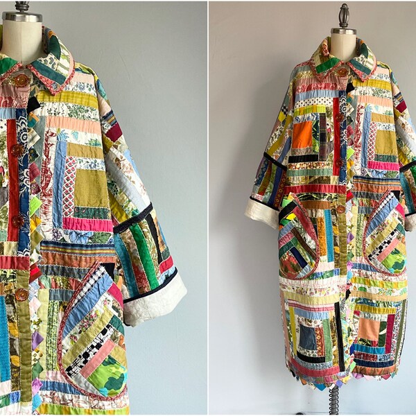 Patchwork Quilted Coat / Vintage Log Cabin Quilt Jacket Duster  / Hand Quilted