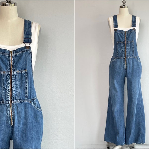 Vintage 70s Levis Denim Bib Overalls, 1970s Zip Front Wide Leg Indigo Jean Jumpsuit, Levi Strauss