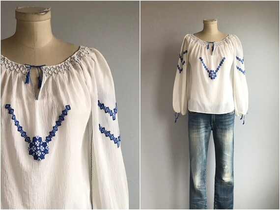 Vintage Peasant Blouse / 1960s Hand Embroidered Wh