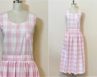Vintage 80s Cotton Sundress, 1980s Razzle Pink White Gingham Check Wrap Dress. Summer Fashion