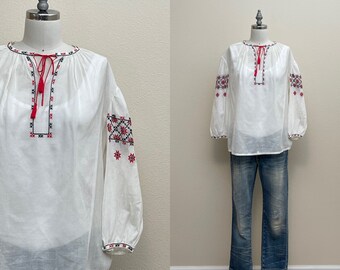 Vintage Peasant Blouse,  1960s Sheer White Cotton Hand Embroidered Folk Ethnic Shirt Top, Spring Fashion