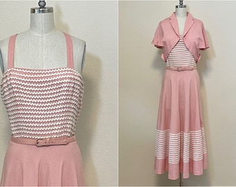 Vintage 50s Paul Sachs Pink Linen Dress, 1950s Rick Rack Bias Cut Sundress with Bolero, Summer Fashion Two Piece Dress