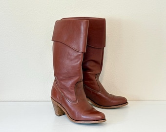 Vintage 70s Dexter Leather Boots, 1970s Dex Caramel Brown Western Riding Boots Size 8, Made in USA, Cuffed Calf Boot