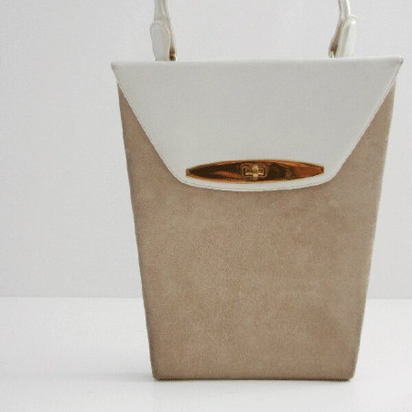 Reserved  - Vintage 1960s Handbag / White Leather and Beige Suede Slim Envelope Bag