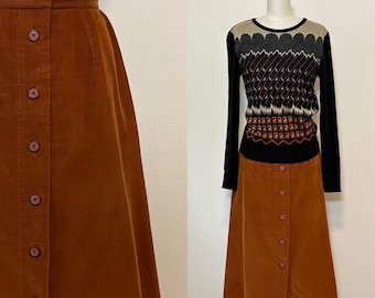Vintage 70s Cinnamon Brown Corduroy Skirt, Button Front Aline Cord Skirt, Fall Fashion