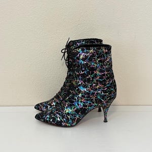 Vintage 80s Beverly Feldman Boots, Black Rainbow Splatter Print Satin Boots Size 7 1/2, Made in Spain, Pointed Toe Lace Up Witch Boots