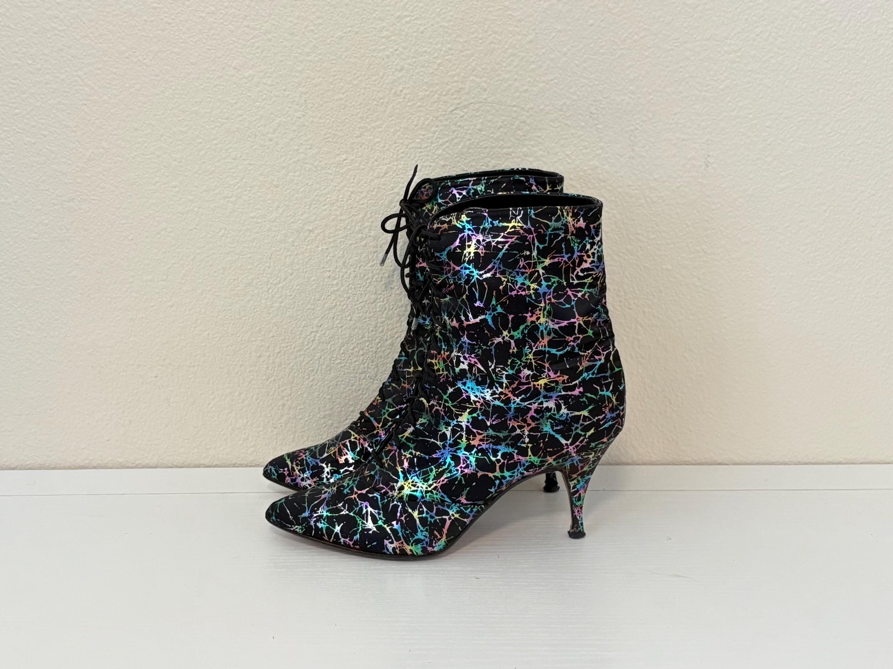 Vintage 80s Beverly Feldman Boots, Black Rainbow Splatter Print Satin Boots Size 7 1/2, Made in Spain, Pointed Toe Lace Up Witch Boots