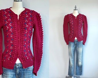 Vintage 80s Embroidered Wool Cardigan, 1980s In Wear Red Hand Knit Floral Embroidered Cable Popcorn Tunic Sweater