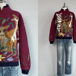 Vintage 80s Wool Novelty Sweater / 1980s Roberta Frost Hand Knit Animal Zebra Patterned Mock Neck Sweater / Made in Uruguay