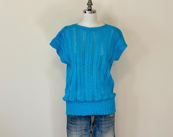 Vintage 80s Cotton Sweater, 1980s Turquoise Hand Knit Ribbed Pullover, Spring Fashion, Cap Sleeve Knit Top