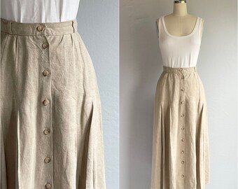 Vintage 80s Ralph Lauren Linen Skirt / 1980s Natural Tan Pleated Midi Skirt / Designer Vintage Button Front Skirt