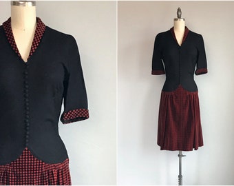 Vintage 40s Dress, 1940s Black Rayon Velvet Plaid Holiday Dress, Vintage Clearance