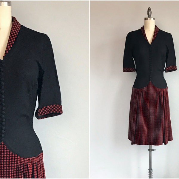 Vintage 40s Dress, 1940s Black Rayon Velvet Plaid Holiday Dress, Vintage Clearance