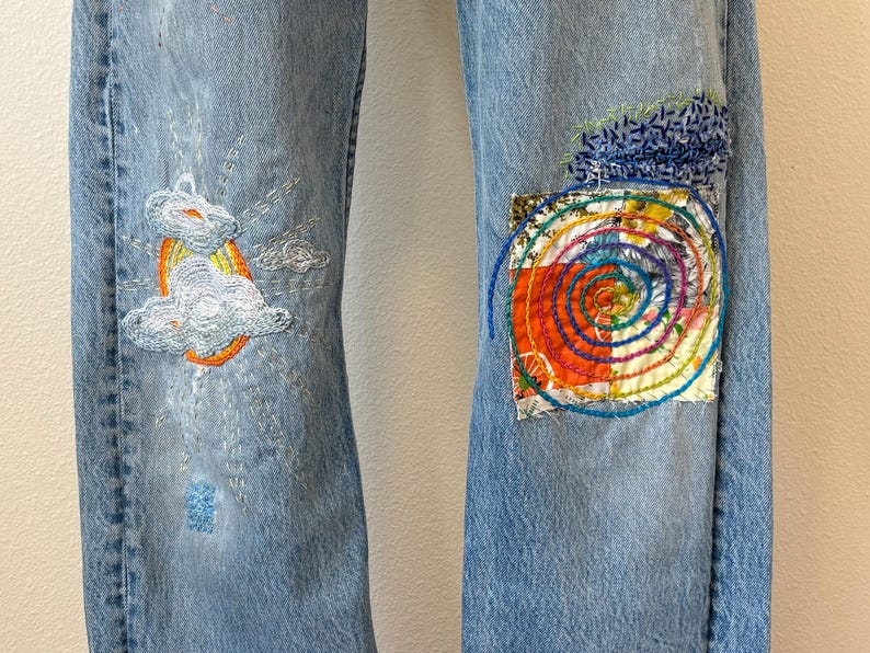 Vintage Levis 501 Jeans, Upcycled Sun Flower Hand Embroidered Sashiko Distressed Well Worn Denim Button Fly Jeans, Patched Jeans image 3