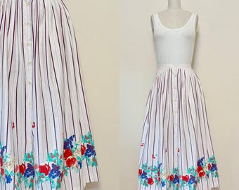 Vintage 80s Cotton Skirt, Carroll Reed Deadstock Fruit Border Stripe Pleated Button Front Midi Skirt