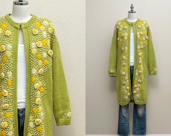 Vintage 60s Embroidered Wool Sweater Coat, 60s Lime Green Wool Duster Cardigan with Yellow Daisies Flower French Knots Crewel Embroidery