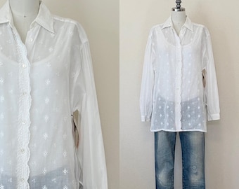 Blusa blanca vintage de los 90 de Liz Claiborne con ojales, camisa de manga larga bordada de stock antiguo, moda de primavera