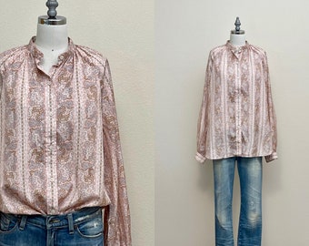 Vintage 70s Evan Picone blusa campesina, top de camisa con estampado de rayas florales rosas de la década de 1970, moda de primavera