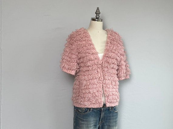 Vintage 80s Fringe Cardigan, 1980s Pink Hand Croc… - image 9