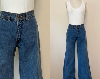 Vintage 70s Bullitt Jeans, 1970s High Waist Wide Leg Bell Bottoms, Vintage Denim