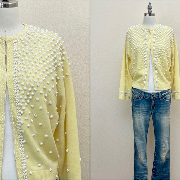 Vintage 60s Beaded Wool Cardigan, 1960s Pale Yellow Daffodil Lambswool Cropped Wool Sweater with white Beading, Spring Fashion