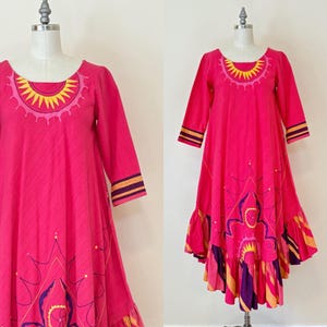 Vintage 1970s Josefa Caftan, 70s Bright Pink Hand Embroidered Bias Cut Midi Tent Dress,  Patterned Stripe Made in Mexico Lounge Dress
