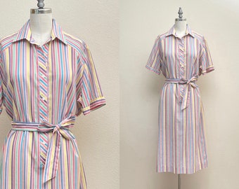 Vintage 70s Kimberly Sport Dress, 1970s Candy Pastel Rainbow Stripe Cotton Dress, Spring Fashion