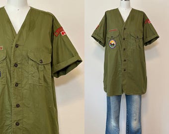 Vintage 50s Boy Scout Shirt, 1950s BSA Uniform Olive Green Cotton Short Sleeve Top, Vintage Workwear, National Jamboree Patch