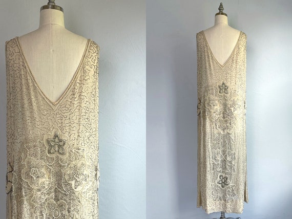 Vintage 1920s Flapper Dress /  20s Off White Bead… - image 2