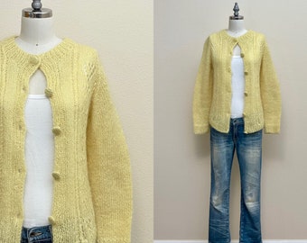 Vintage 60s Mohair Cardigan, 1960s Pale Yellow Cable Wool Cardigan Sweater, Spring Fashion