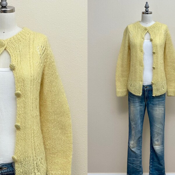 Vintage 60s Mohair Cardigan, 1960s Pale Yellow Cable Wool Cardigan Sweater, Spring Fashion