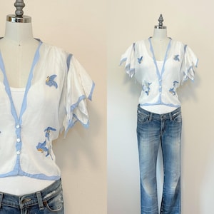 Upcycled Vintage Linen Embroidered Top, White Blouse with Butterfly Hand Embroidery Applique , Summer Fashion, Summer Top