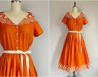 Vintage 1950s Jerry Gilden Dress, 50s Orange Cotton Embroidered Eyelet with Full Pleated Skirt / Clearance Dress