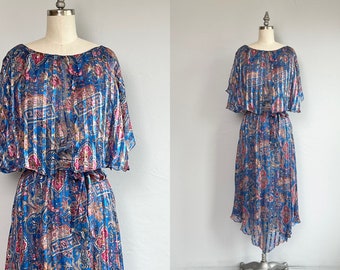 Vintage 80s The Silk Farm Dress  / 1980s Sheer Silk Satin Stripe Chiffon Floral Paisley Print Dress / Blue Pink Patterned