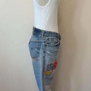 Vintage Levis 501 Jeans, Upcycled Sun Flower Hand Embroidered Sashiko Distressed Well Worn Denim Button Fly Jeans, Patched Jeans image 12