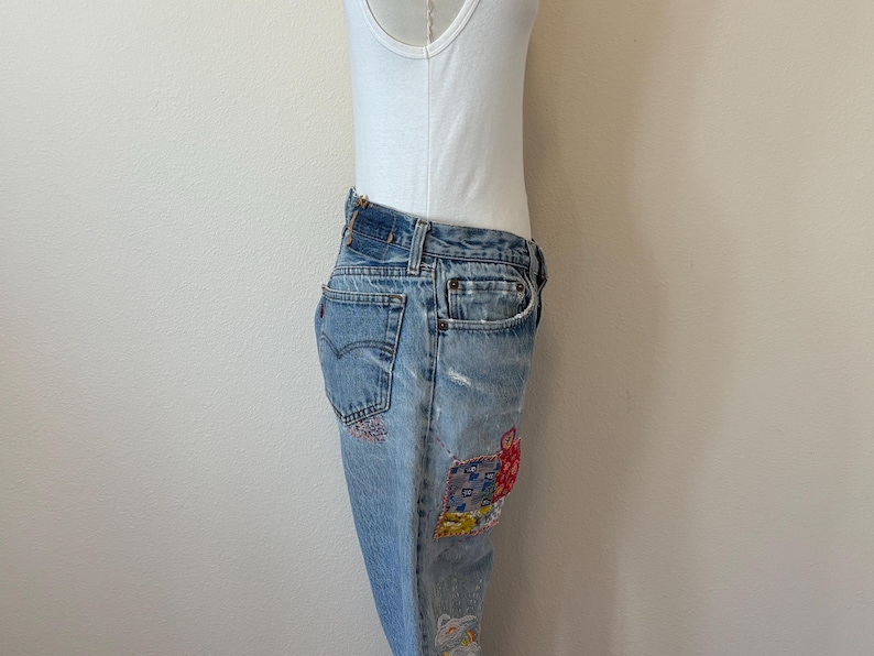 Vintage Levis 501 Jeans, Upcycled Sun Flower Hand Embroidered Sashiko Distressed Well Worn Denim Button Fly Jeans, Patched Jeans image 12