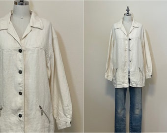 Vintage 90s Karen Kane Cream Off White Linen Jacket, 1990s Oversized Summer Jacket, Beach Chore Jacket, Summer Fashion