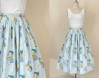 Vintage 1950s Mod Print Skirt, 1950s Stylized Space Age Novelty Print Pleated Skirt, Cotton Skirt, Spring Fashion