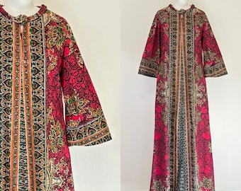 Vintage 70s Thai Cotton Caftan, 1970s Border Print Caftan with Zip Front, Lounge Dress, Entertaining Hostess