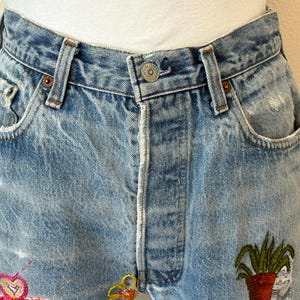 Vintage Levis 501 Jeans, Upcycled Sun Flower Hand Embroidered Sashiko Distressed Well Worn Denim Button Fly Jeans, Patched Jeans image 7