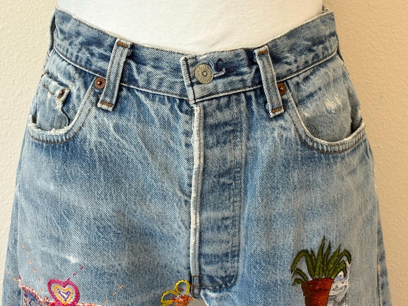 Vintage Levis 501 Jeans, Upcycled Sun Flower Hand Embroidered Sashiko Distressed Well Worn Denim Button Fly Jeans, Patched Jeans image 7