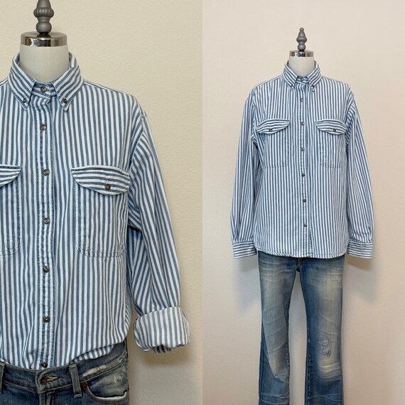 Vintage 80s Striped Denim Shirt, 1980s Indigo Blue White Work Wear Shirt, Easy Fit