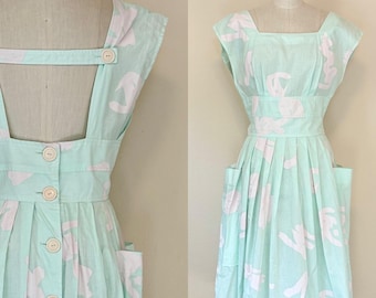 Vintage 80s Cotton Print Backless Dress, 80s Kardessa Mint White Square Neck Button Back Day Dress, Summer Fashion