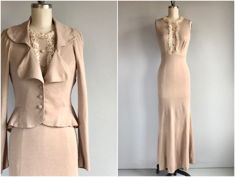 Vintage 70s Young Innocent Maxi Dress Set 1970s Arpeja Tan Jersey Lace Trimmed with Fitted Peplum Jacket 70s does 30s