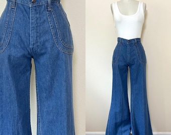 Vintage 70s Wide Leg Denim Jeans, 1970s Indigo Blue Pocket Detail High Waist, Vintage Jeans