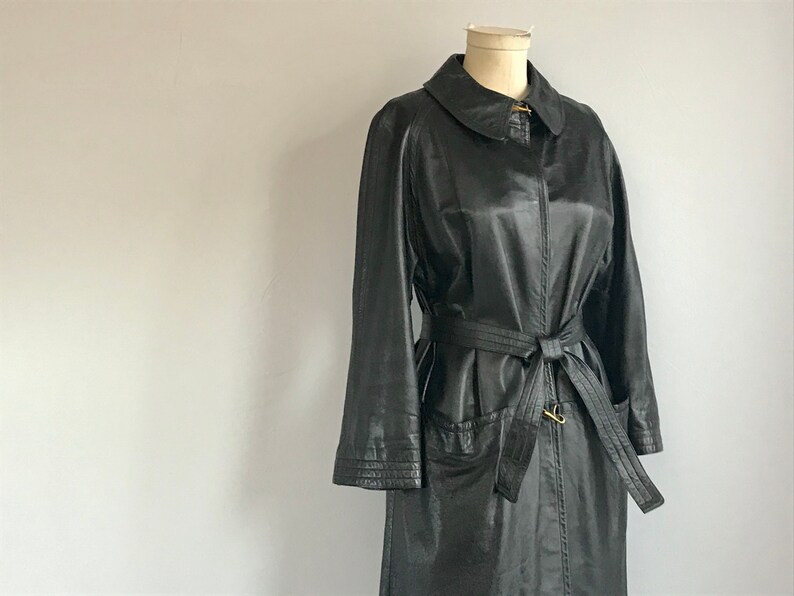Vintage 60s Bonnie Cashin Coat 1960s Mod Black Leather Trench Jacket with Brass Toggle Clasp