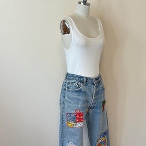 Vintage Levis 501 Jeans, Upcycled Sun Flower Hand Embroidered Sashiko Distressed Well Worn Denim Button Fly Jeans, Patched Jeans image 10