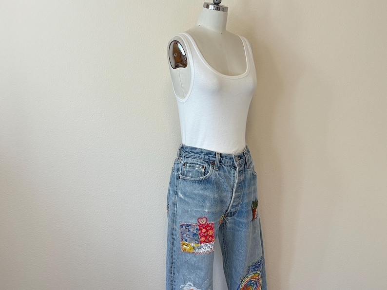 Vintage Levis 501 Jeans, Upcycled Sun Flower Hand Embroidered Sashiko Distressed Well Worn Denim Button Fly Jeans, Patched Jeans image 10