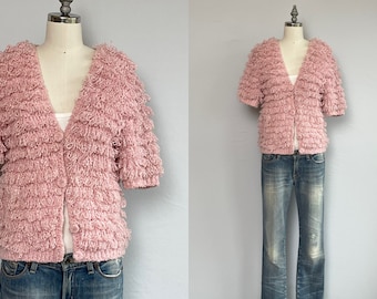 Vintage 80s Fringe Cardigan, 1980s Pink Hand Crochet Loop Fringe Short Sleeve Sweater, Spring Vintage Clearance Sale