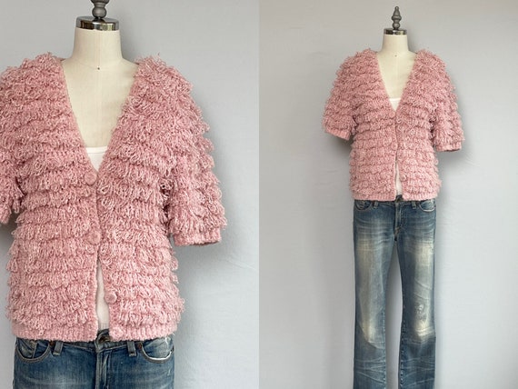 Vintage 80s Fringe Cardigan, 1980s Pink Hand Croc… - image 1